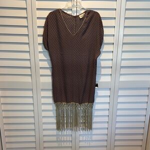 Goa NWOT Chic printed Polyester V-neck Gold metallic trim & tan Fringe Dress